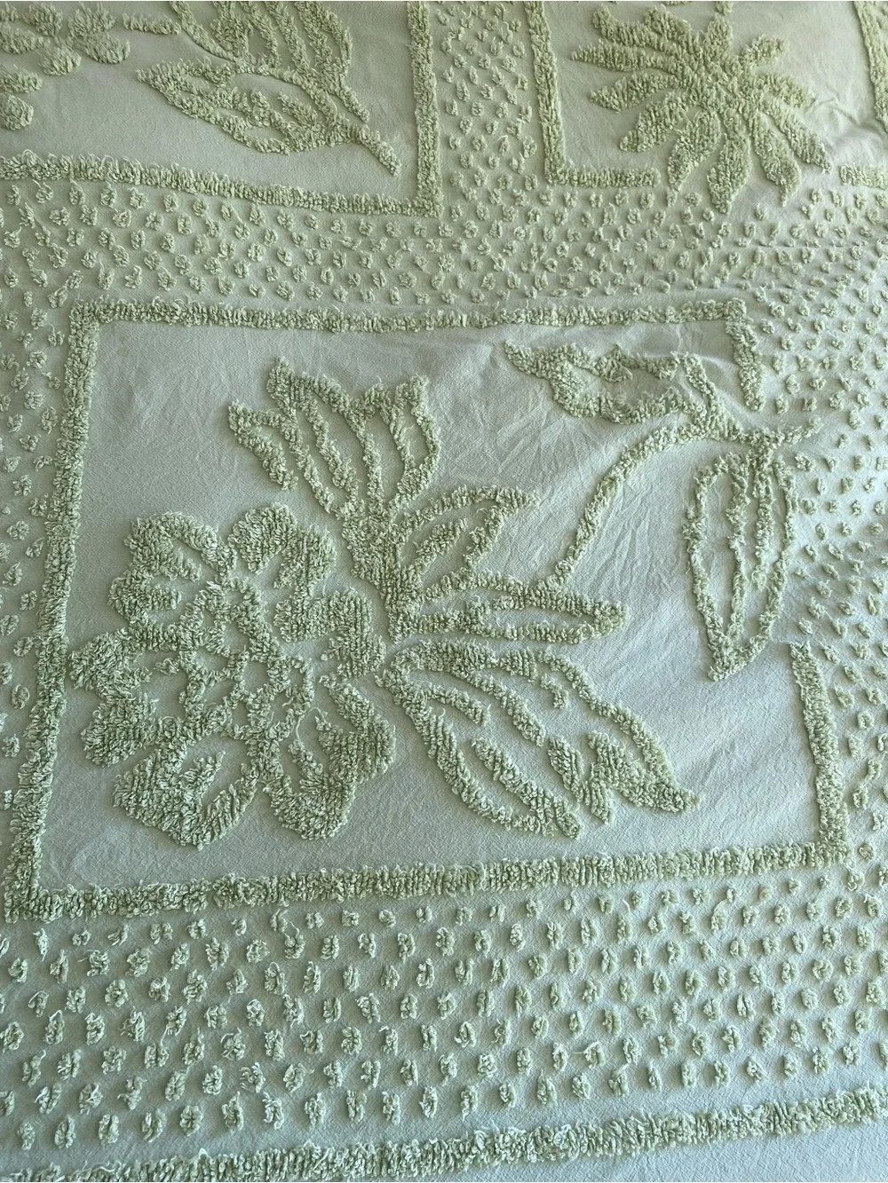 Vintage Chenille Textured Floral Cotton Bedspread in Light Green Boho